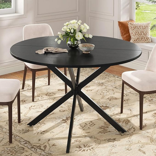 Unovivy 47 Inch Round Dining Table for 4, Space Saving Circle Dining Table with Pedestal Metal Frame, Industrail Modern Round Kitchen Table for Living & Dining Room, Black