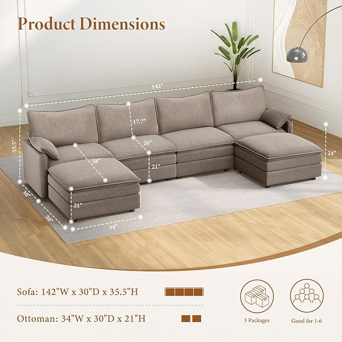 Vesgantti 142" U Shaped Sectional Couch, Comfy Cloud Modular Sectional Sofa with 2 Ottoman Deep Seat Chenille Modern Cloud Sofa, Modular Sofas for Living Room, Bedroom and Apartment, Light Brown | Sink-in Comfort, Height Adjustable, Easy Rearrangement,...