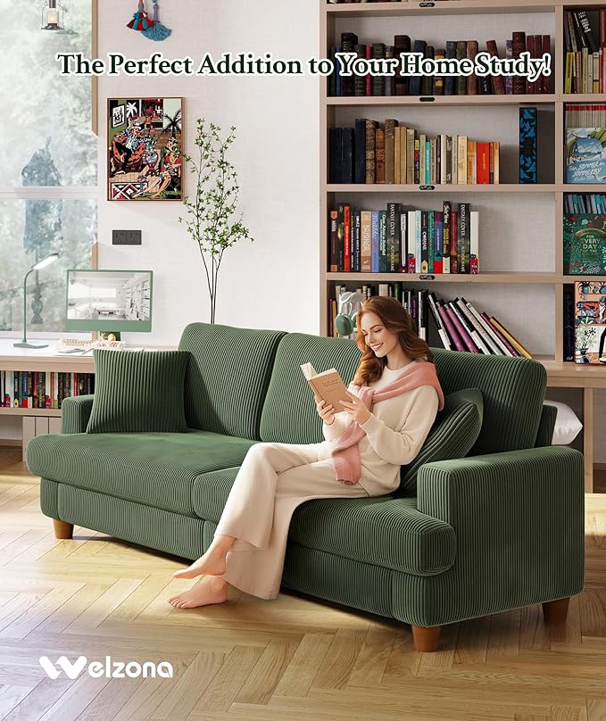 Welzona 87.2" Couches for Living Room, Comfy Green Couch 7.5" Extra Thick Cushion, Sofas for Living Room Tool-Free Setup, Loveseat Sofa 848lbs Support, Corduroy Couch for Bedroom, Apartment, Office