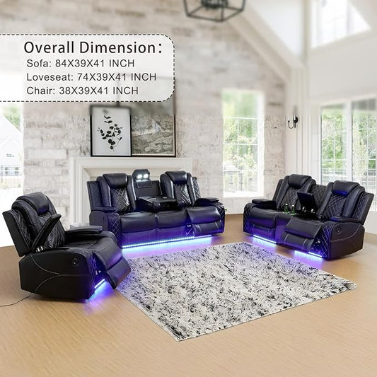 Power Recliner Sofa Set for Living Room, Breathing Leather Reclining Sofa Set with LED/USB Port/Cup Holders/Storage, 3 Piece Living Room Furniture Home Theater Seating Couches (Black)