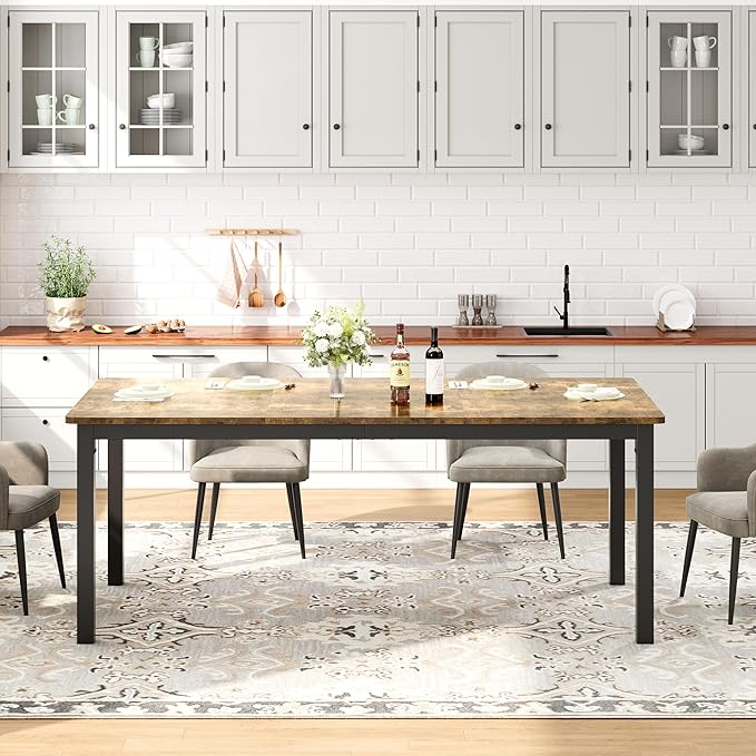 79 in Dining Table for 6, Farmhouse Wooden Kitchen Tables for Family, Rectangular Industrial Style Dining Room Table with Sturdy Metal Frame, Long Desk for Restaurant, Kitchen, Office,Retro Brown