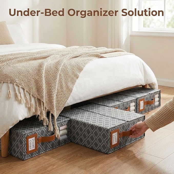 6 Pack Bed Sheet Organizers and Storage, (King & Queen Size) Sheet Organizer for Linen Closet, Foldable Bedding Storage Box with Window for Bedsheets, Duvet Cover and Pillowcase (Dark Grey 6 Pack)