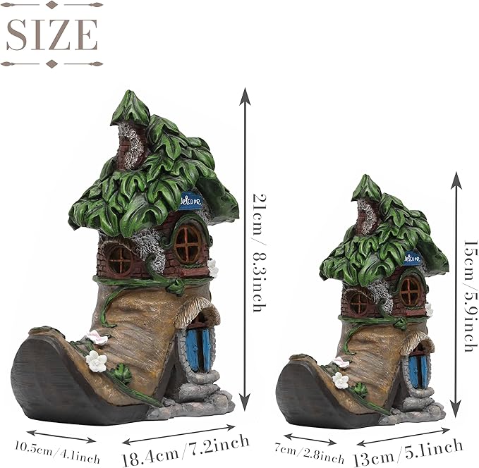 TERESA'S COLLECTIONS Boot Fairy House Garden Statues with Solar Outdoor Light, Resin Fairy Garden Accessories Outdoor Christmas Decorations Lawn Ornaments Yard Decor Thanksgiving Gifts for Mom, 8.5"