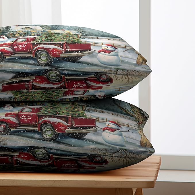 Christmas Lumbar Pillow Covers 12x20 Red Truck with Christmas Trees Snowman Rectangle Pillow Case Xmas Holiday Waist Cushion Case for Bedding Couch Patio Bench Set of 2