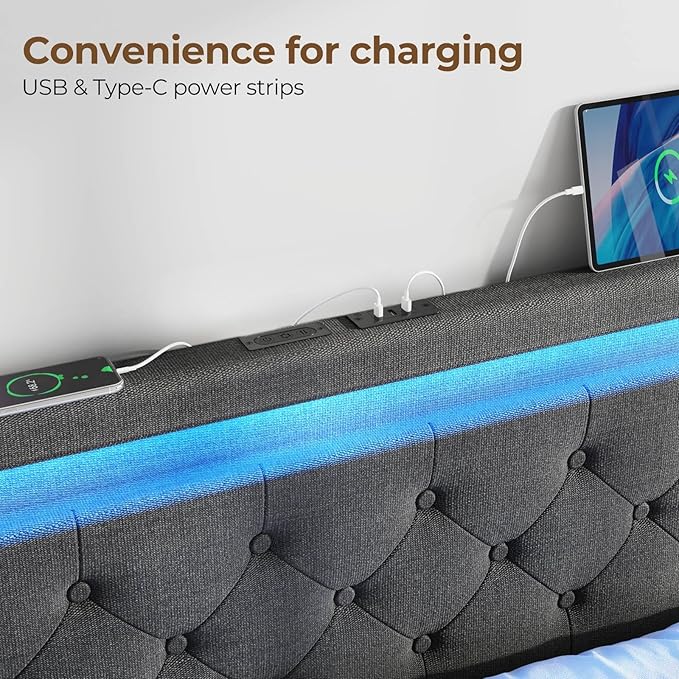 Rolanstar Full Bed Frame with LED Lights and Charging Station, Upholstered Bed with Drawers, Wooden Slats, Noise Free, Easy Assembly, Dark Gray
