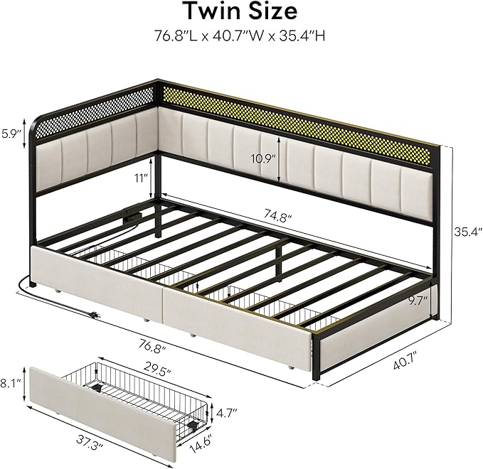 LIKIMIO Twin Corner Bed Frame with Storage Drawers and Charging Station, Modern Twin Daybed with LED Lights and Upholstered Guardrail, Beige