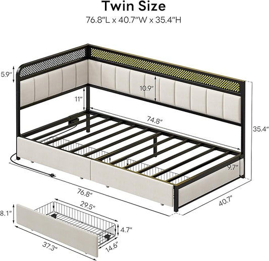 LIKIMIO Twin Corner Bed Frame with Storage Drawers and Charging Station, Modern Twin Daybed with LED Lights and Upholstered Guardrail, Beige