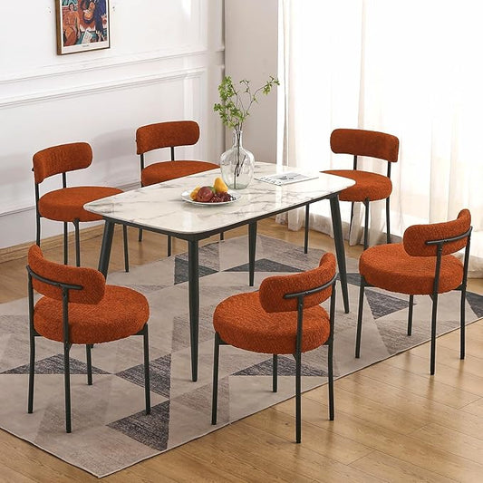 EDWELL Orange Dining Chairs Set of 6, Round Upholstered Dining Room Chairs with Black Metal Legs, Modern Boucle Dining Chairs for Dining Room, Kitchen, Living Room, Capacity 330lbs