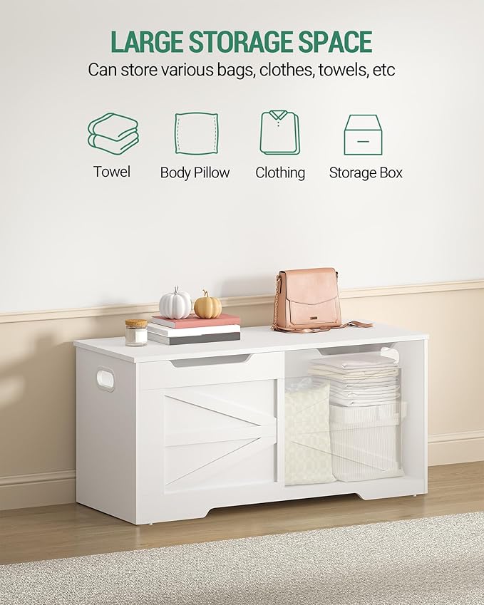 39.4" Storage Chest, Extra Large Storage Trunk with 2 Hinges, Wooden Box Bench, Lift-Top Organizer Chest, Shoe Bench for Entryway, Bedroom, Living Room, White SB03403X