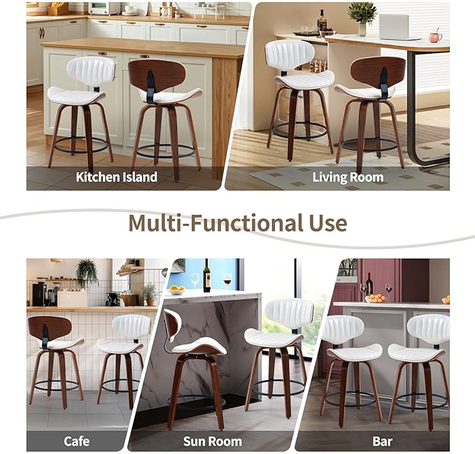 Counter Height Bar Stools Set of 3, 24 inch PU Leather Wooden Bentwood Barstools Swivel Modern Breakfast Bar Chairs with Backrest and Footrest for Kitchen Island, Dining Room D035-White-3