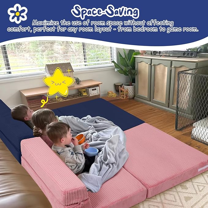 MeMoreCool Kids Fold Out Sofa Chair – Navy Corduroy Tri-Fold Floor Futon for Toddlers, Portable Sleeper Couch with Washable Cover Soft Convertible Lounger | High-Density Foam Mattress
