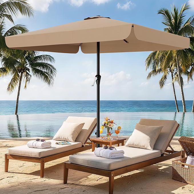 AreShark 8 X 10 FT Large Rectangular Patio Umbrella with Valance, Outdoor Table Market Umbrella w/Crank & 8 Ribs, Rectangle Outdoor Umbrellas for Garden, Deck, Yard and Poolside, Beige
