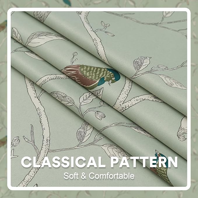 H.VERSAILTEX Blackout Curtains for Bedroom 63 Inches Length Thermal Insulated Birds Rustic Printed Curtain Drapes for Living Room Energy Efficient Room Darkening Home Decoration Pair 2 Panels, Sage