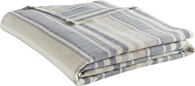 Eddie Bauer - Queen Size Blanket, 100% Soft Cotton Bed Blanket for Year Round Comfort, Throw Blanket for Couch or Bed (Herringbone Blue Stripe)