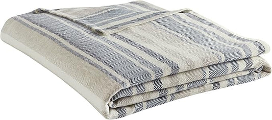 Eddie Bauer - Queen Size Blanket, 100% Soft Cotton Bed Blanket for Year Round Comfort, Throw Blanket for Couch or Bed (Herringbone Blue Stripe)
