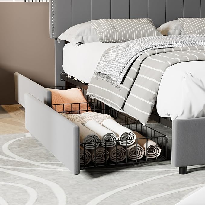 VECELO Full Bed Frame 4 Storage Drawers & Upholstered Platform &Tufted Adjustable Headboard/Mattress Foundation/Wood Slat Support,Easy Assembly,Dark Grey