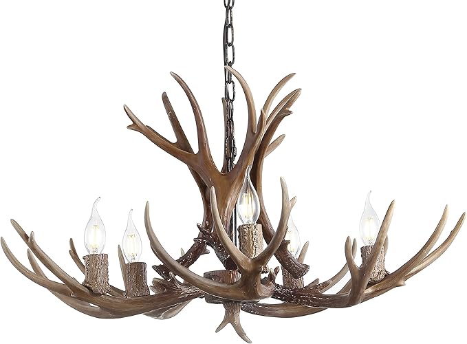 JONATHAN Y 26" Brown Rustic Resin Antler 4-Light LED Chandelier, Farmhouse Faux Deer Horn Hanging Ceiling Light for Dining Room, Kitchen Island, Adjustable Light Fixture (JYL6300A)