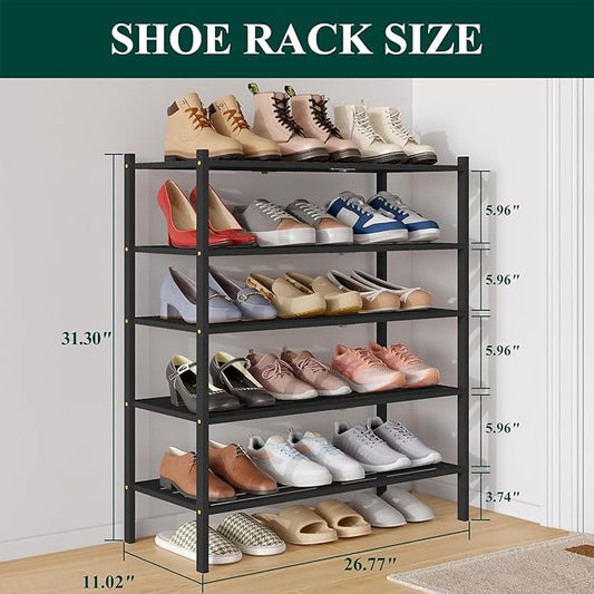 Smiry Bamboo Shoe Rack 5-Tier, Stackable Wooden Shoe Organizer for Entryway & Closet, Free Standing Wood Shoe Storage Shelf for Front Door & Small Spaces, Black