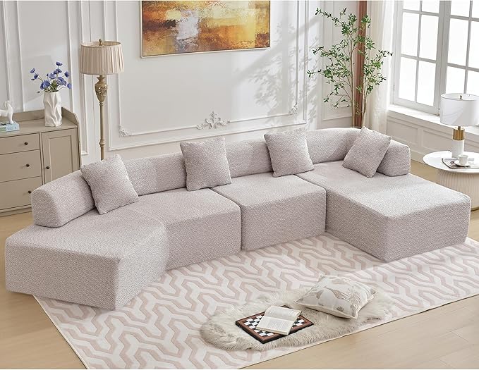 140" L-Shape Couch,Modern Minimalist Sleeper Sofa,Modular Sectional Couches with Chaise,Free Combination Foam-Filled Furniture,4 Seats Corner Chair for Dorm,Apartment,Studio,Office,Gray