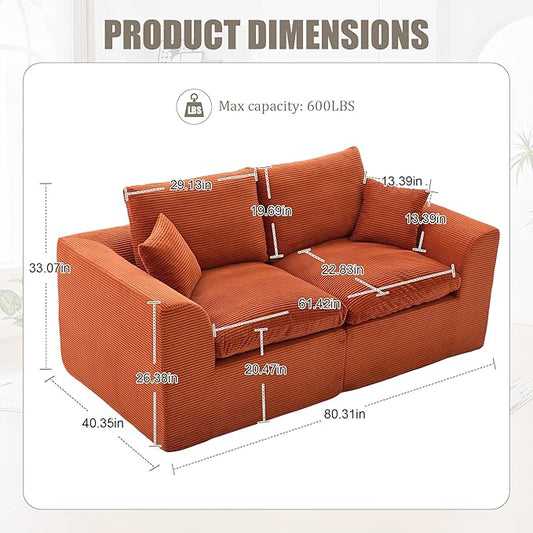80.3" Cloud Loveseat Boneless Sofas for Living Room, 2 Seaters Modular Foam Cloud Sofa Couches, 2 Seat Compression Foam Couch with Toss Pillows, No Assembly Required