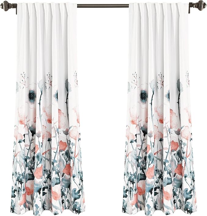 Lush Decor Zuri Flora Light Filtering Window Curtain Panel Pair, 63" Long x 52" Wide, Blue & Coral