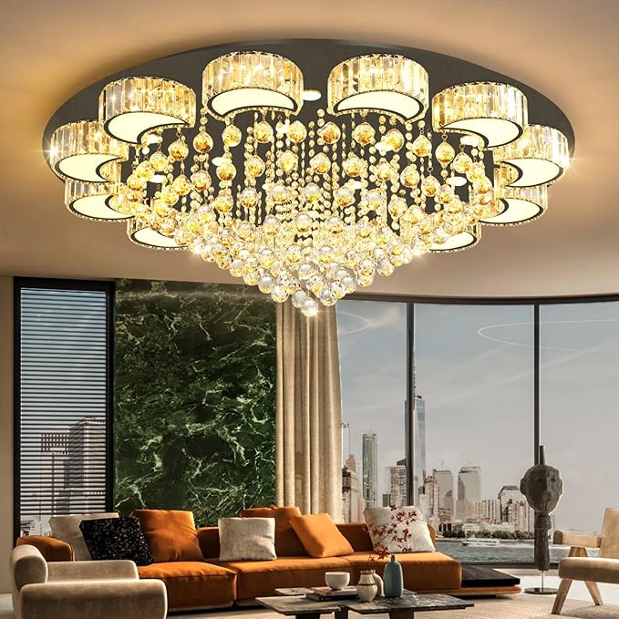 47'' Black Modern Crystal Chandeliers for Dining Room LED Dimmable Light Fixtures Flush Mount Light Living Room Bedrooms