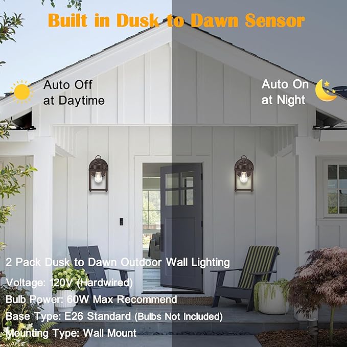 Dusk to Dawn Outdoor Wall Lantern, Exterior Waterproof Sconces Lighting Wall Mount, Front Porch Light, Anti-Rust Metal Outside Light Fixtures with Clear Glass, Matte Bronze, 2-Pack