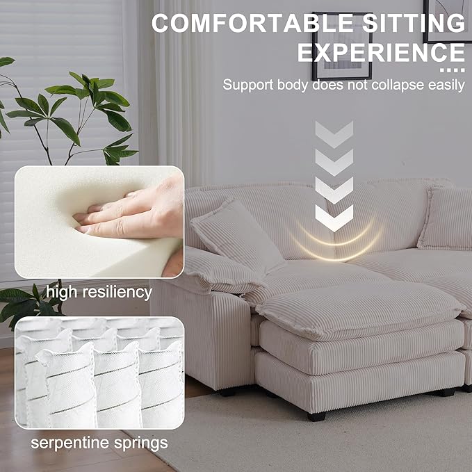 Modular Loveseat Sectional Sofa, 84.6" Corduroy Comfy Sectional Couches for Living Room, 3-Seater Cloud Couches with Movable Ottomans, Flexible Combination Modern Deep Seat Sofa | Thickness Cushions, Solid Wood Frame, Pillow-top Armrest