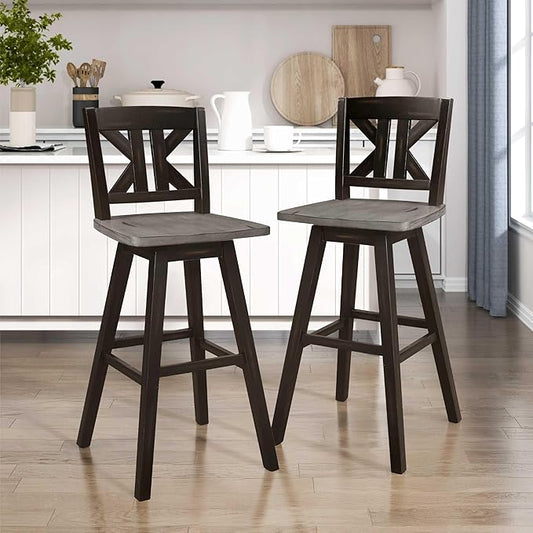 Lexicon Bar Height Bar Stools Set of 2-Solid Wood Frame 360° Swivel Wooden Stools, Foot Rest, KK Back, Wide Seat, Distressed Farmhouse Easy to Clean Finish, 28.5" SH, Antique Black/Grey