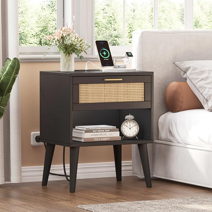 Irontar 17.7'' Wide Rattan Nightstand Set of 2, Bedroom Night Stand with Charging Station & Drawers, Boho Bed Side Table with Solid Legs, Accent End Side Table with Open Shlef, Black and Natural