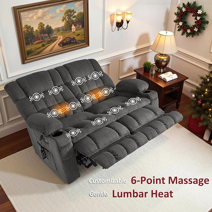 MCombo 57" Reclining Loveseat with Heat and Massage, Zero Gravity Recliner Loveseat Sofa with Dual USB Charging Ports for Living Room, Fabric 6314 (Dark Grey)