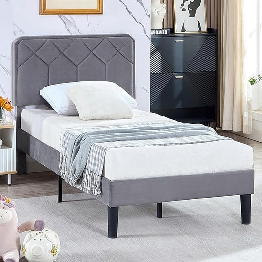 VECELO Twin Size Bed Frame Premium Velvet Upholstered Platform with Height Adjustable Headboard/Mattress Foundation, Solid Wooden Slat Support, No Box Spring Needed/Easy Assembly