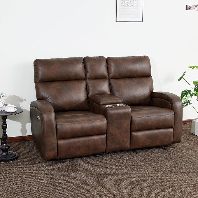 MCombo Zero Wall Recliner Loveseat, 2-Seat Power Wall Hugger Sofa with USB & Type-C Dual Ports, for Small Space, Living Room, RV PR646 (Dark Brown, Loveseat with Console)