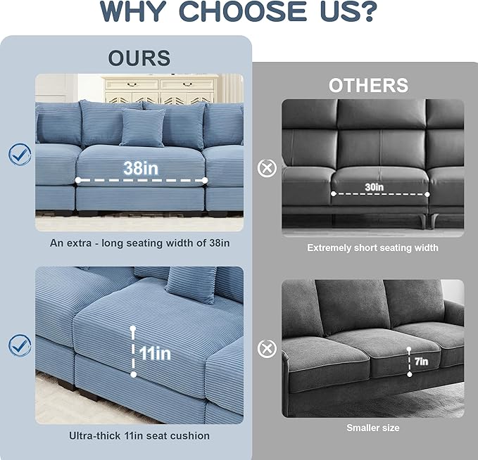 KEIKI 130" Oversized Corduroy Modular Cloud Sectional Sofa with High-Density Foam Cushions, Extra-Thick Armrest, Upholstered Modern 3-Seater Fluffy Corner Couch with 9 Pillow, for Living Room, Blue