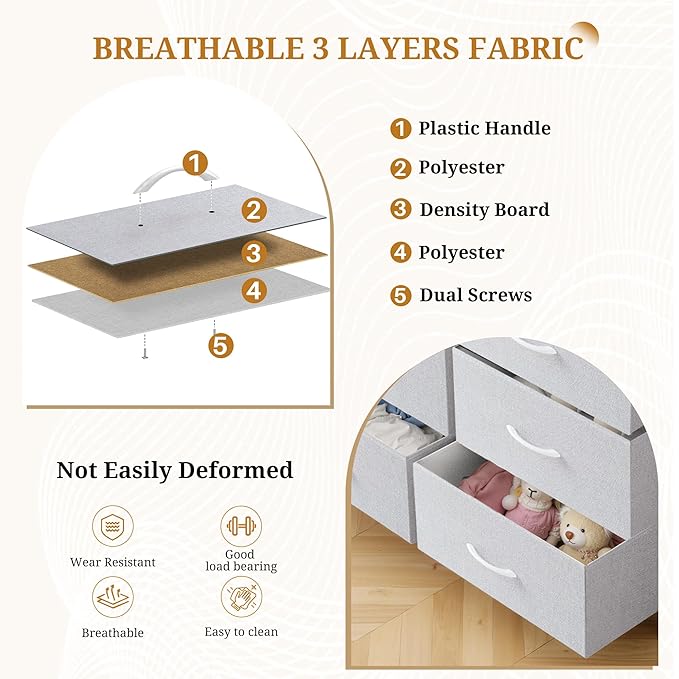 Dresser with 9 Drawers for Bedroom, Fabric Clothes Cabinet for Closet, Anti-Tip Storage Dresser with Metal Frame for Living Room, Entryway, Dorm, Light Grey