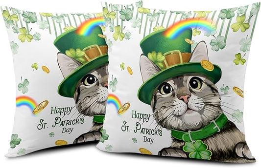 Happy St Patricks Day Pillows Covers 22x22 Pack of 2 Lucky Cat Clover Pillow Covers Rainbow Gold Coin Shamrock Decorative Pillow Cases Cushion Case for Living Room Couch Sofa