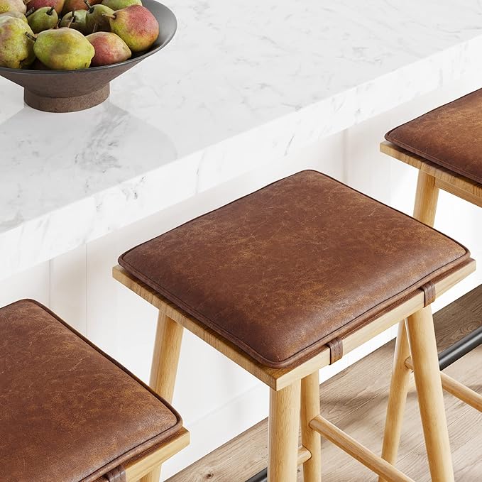 Nathan James Barker Classic Counter Height Wood Barstool with Leather Removable Cushion, Backless Island 24" Bar Stool for Kitchen, Chestnut Brown, Set of 4