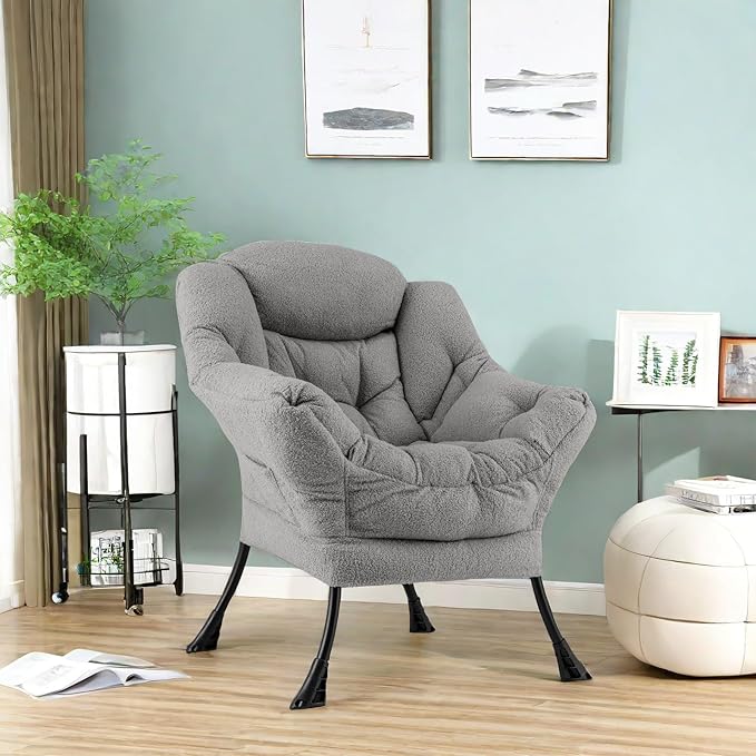 GORELAX Modern Lazy Chair,Upholstered Lounge Accent Chair, Single Leisure Sofa Chair with Armrests & Side Pocket, Comfy Reading Chair for Bedroom, Living Room, Dorm Room (Plush Grey)