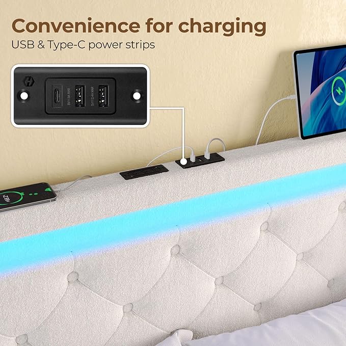 Rolanstar Twin Bed Frame with LED Lights and Charging Station, Upholstered Bed with Drawers, Wooden Slats, Noise Free, Easy Assembly, Beige