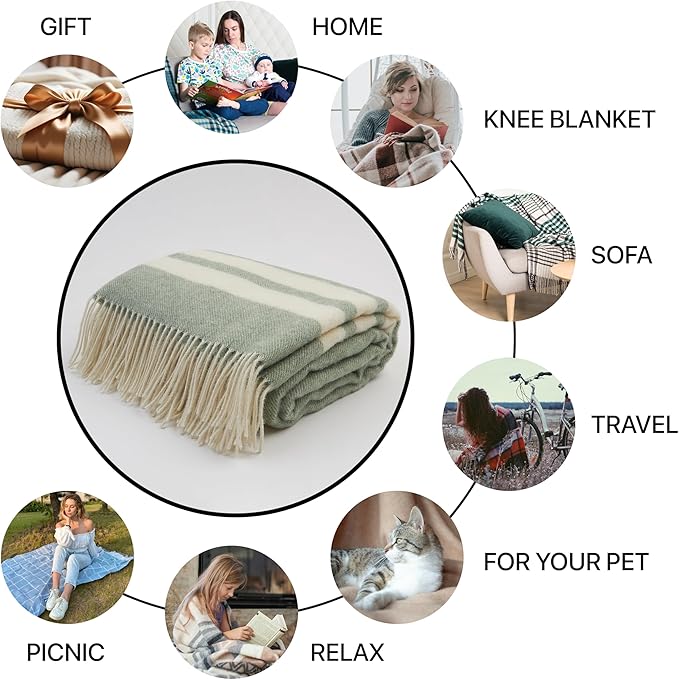 | Wool Blanket/Throw | 100% New Zealand Wool | Perfect for Home and Outdoors | Virgin Wool Blanket with Fringes 55"x79" (140 x 200 cm)