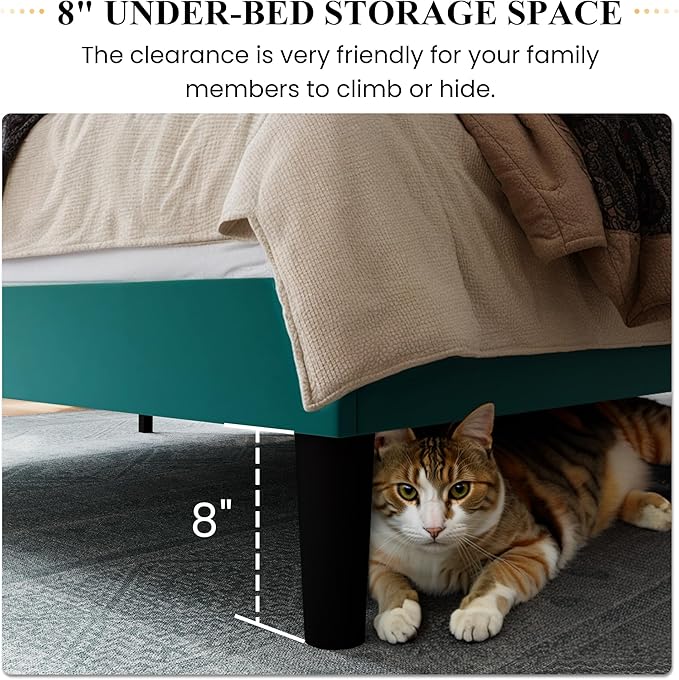 SHA CERLIN Full Size Velvet Bed Frame with Vertical Channel Tufted Wingback Headboard, Upholstered Platform Bed with Wood Slats, No Box Spring Needed, Easy Assembly, Teal
