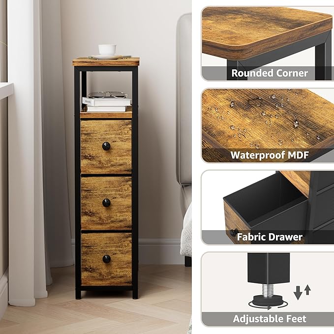 Narrow Night Stand Set 2 - Nightstand with 3 Drawers Skinny Bedsides Tables for Small Space Dresser for Bedroom Living Room Slim Side Table, Farmhouse Brown