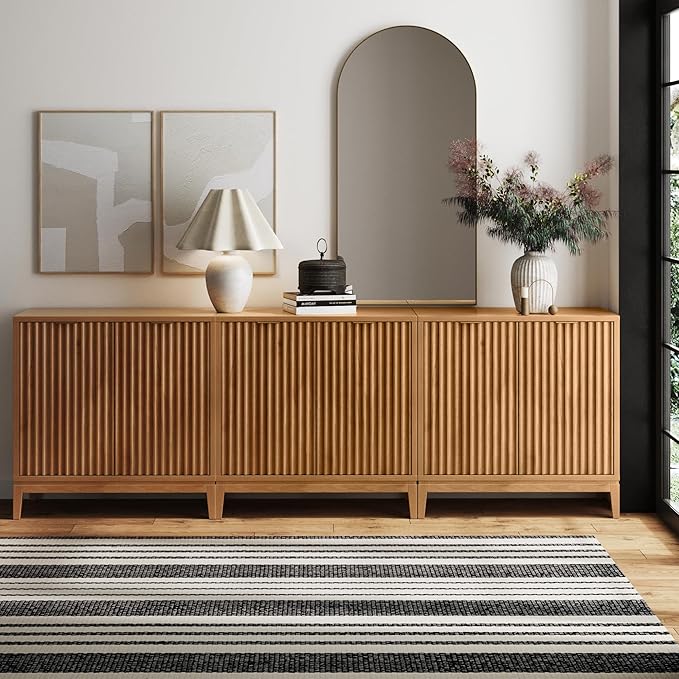 Nathan James Jasper Wood Modern Sideboard Accent Storage Cabinet TV Stand with Fluted Doors, for Kitchen or Living Room, Warm Pine, Set of 3