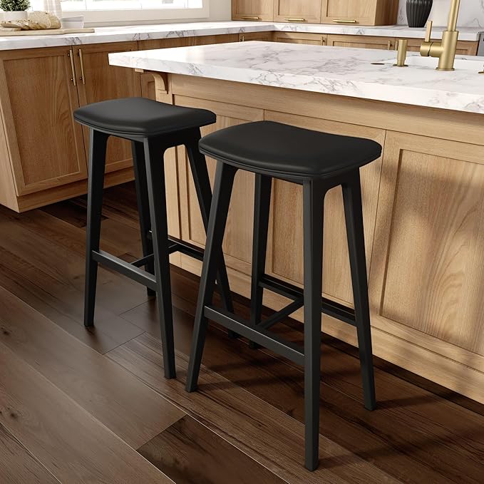 Plank+Beam Beryl Bar Height Stool - Mid-Century Modern Rubberwood Bar Stool with Faux Leather Seat, Metal Footrest, Easy Assembly, 4-Pack, Black/Black