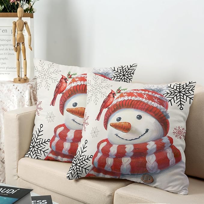 Red Snowman with Cardinal Bird Snowflake Pillow Covers 20x20 Set of 2 Christmas Winter Holiday Throw Pillow Covers Snowman Cushion Case for Living Room Bedroom Sofa