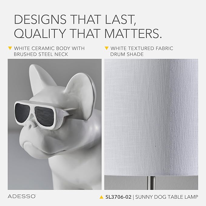 Adesso Sunny Dog Table Lamp – White Ceramic Novelty Lamp for Bedroom and Office Lighting or Living Room Décor, 16” x 8.5”