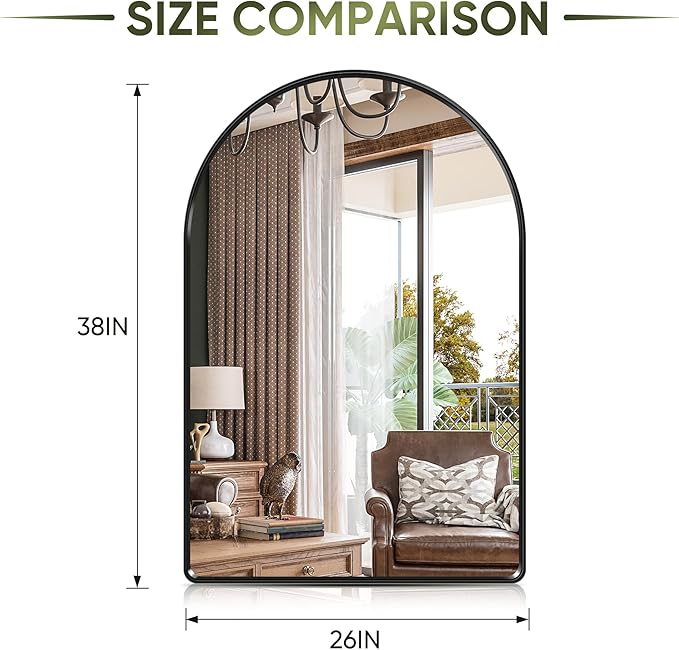 Suidia 26" x 38" Bathroom Mirror, Bathroom Vanity Mirror Metal Framed, Wall-Mounted Mirrors for Bedroom, Living Room, Entryway, Hallway, Black, Arch Style