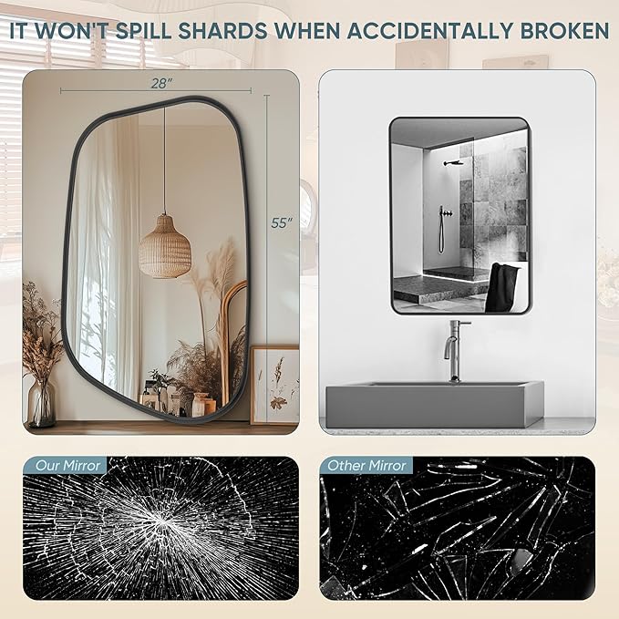 Irregular Wall Mirror 55"x28" Bathroom Mirrors Asymmetrical Artistic Decorative for Living Room Bedroom Bathroom Hallway Entryway,Trapezoid,Black