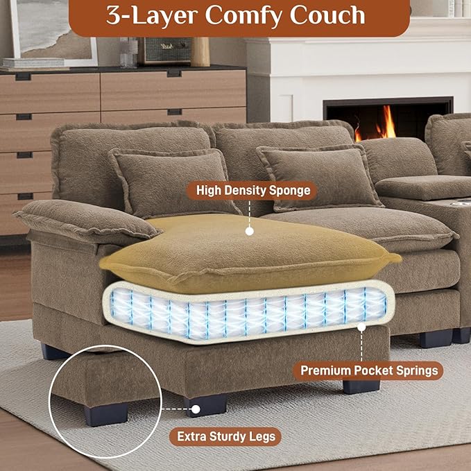 133" Oversized U Shaped Cloud Couch Modular Sectional Couches for Living Room Comfy Chenille Deep Seat Sofa Set with Double Chaise Lounge, Storage Central Console, Cup Holders, USB Port, Brown