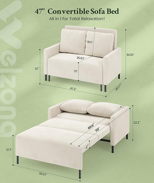 Welzona 47.2" Convertible Sofa Bed Couch, Comfy Corduroy Couch Bed, All in 1 Loveseat Sleeper Sofa, Love Seat Sleeper Bed with 2 Pillows, Modern Couches for Living Room/Apartment/Office, Beige White